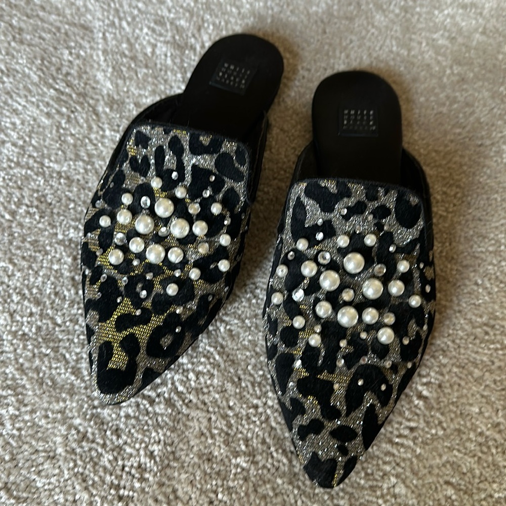 Embellished leopard slides